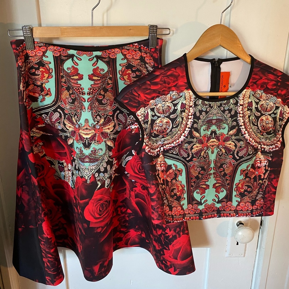 CUTE 2-piece crop top and fit flare skirt set. Neoprene with red roses!